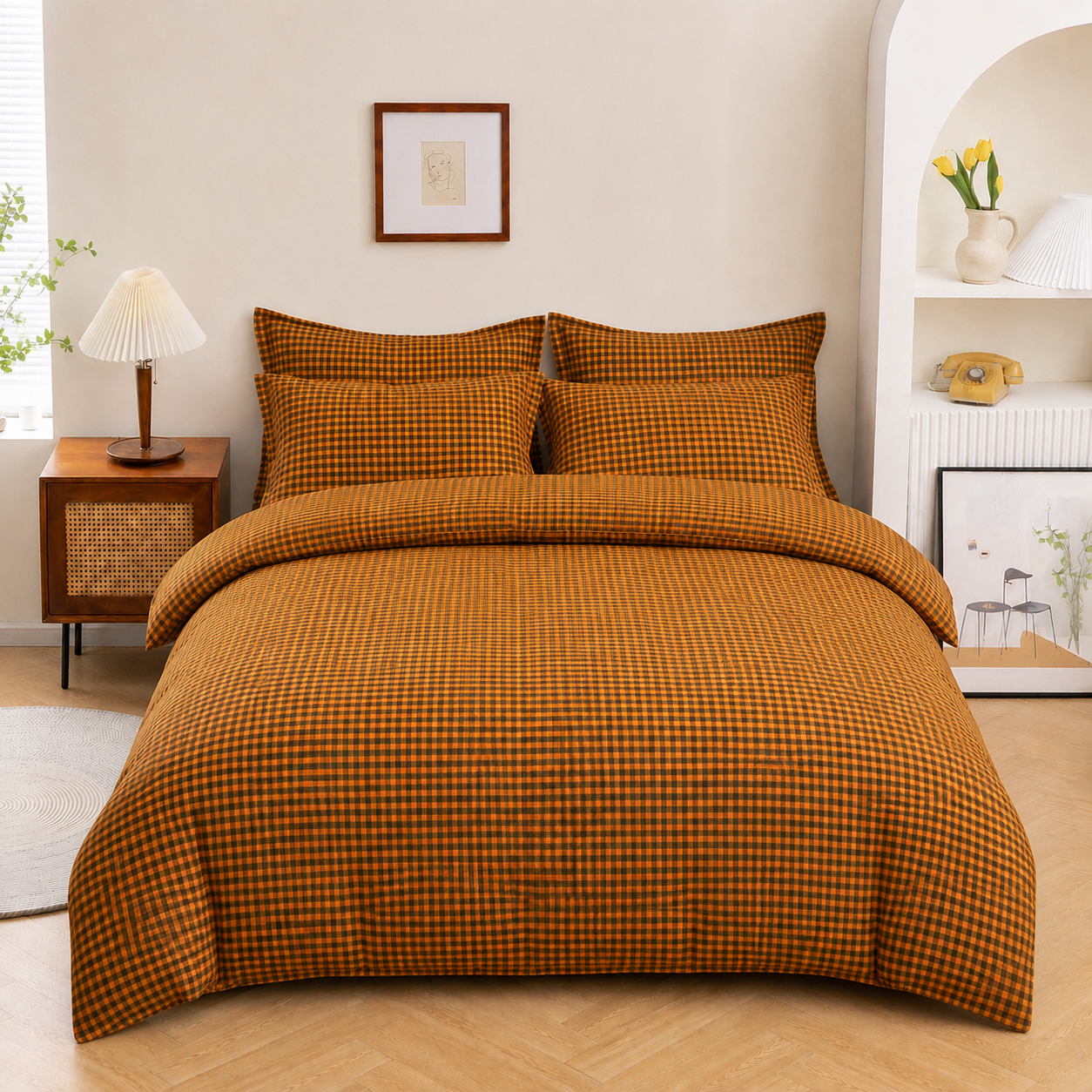MeiLun Home Soft Living Bedding Set – Caramel Check – product image 02