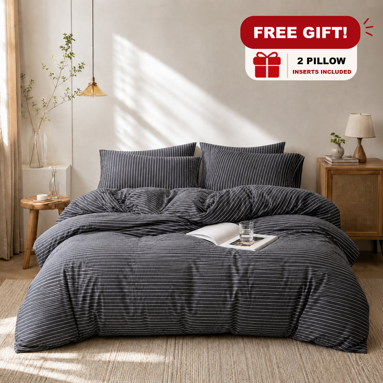 MeiLun Home Soft Living Bedding Set – Mist Stripe – image 1
