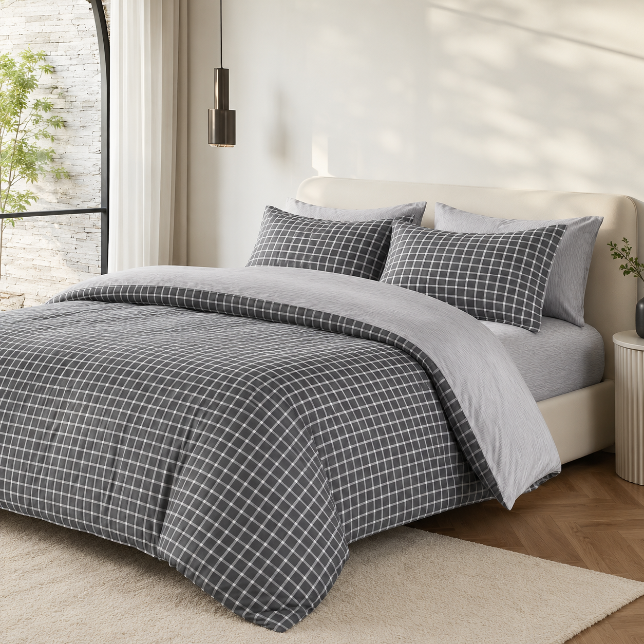 MeiLun Home Loom Check Bedding Set – Slate Grid – product image 01
