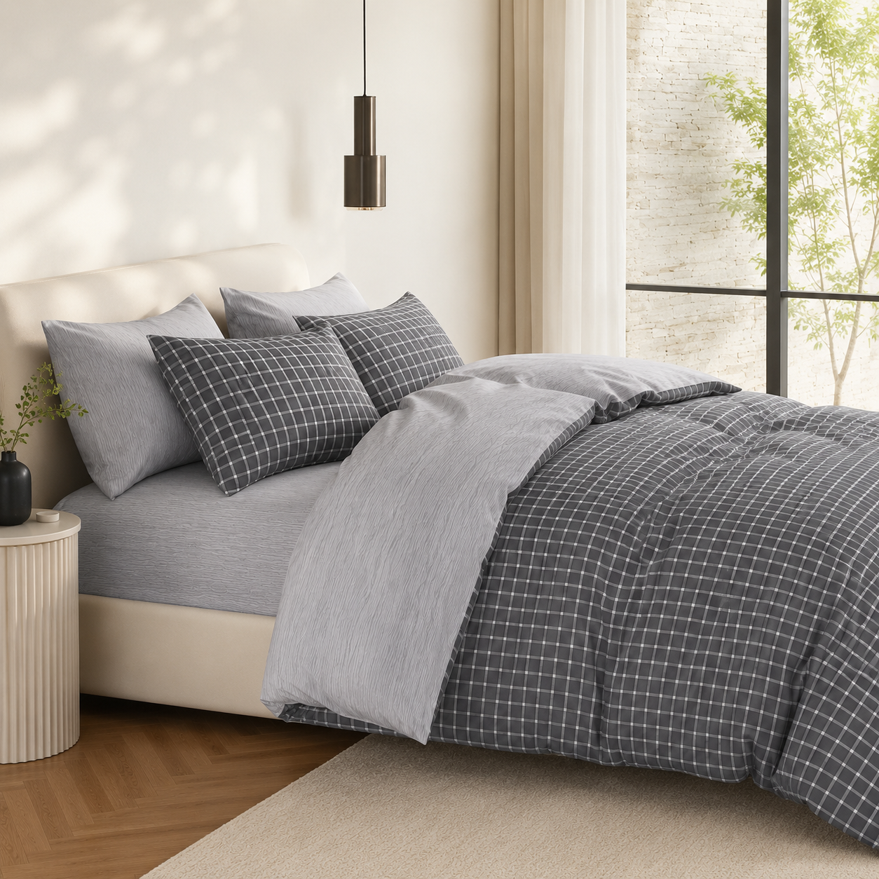 MeiLun Home Loom Check Bedding Set – Slate Grid – product image 03