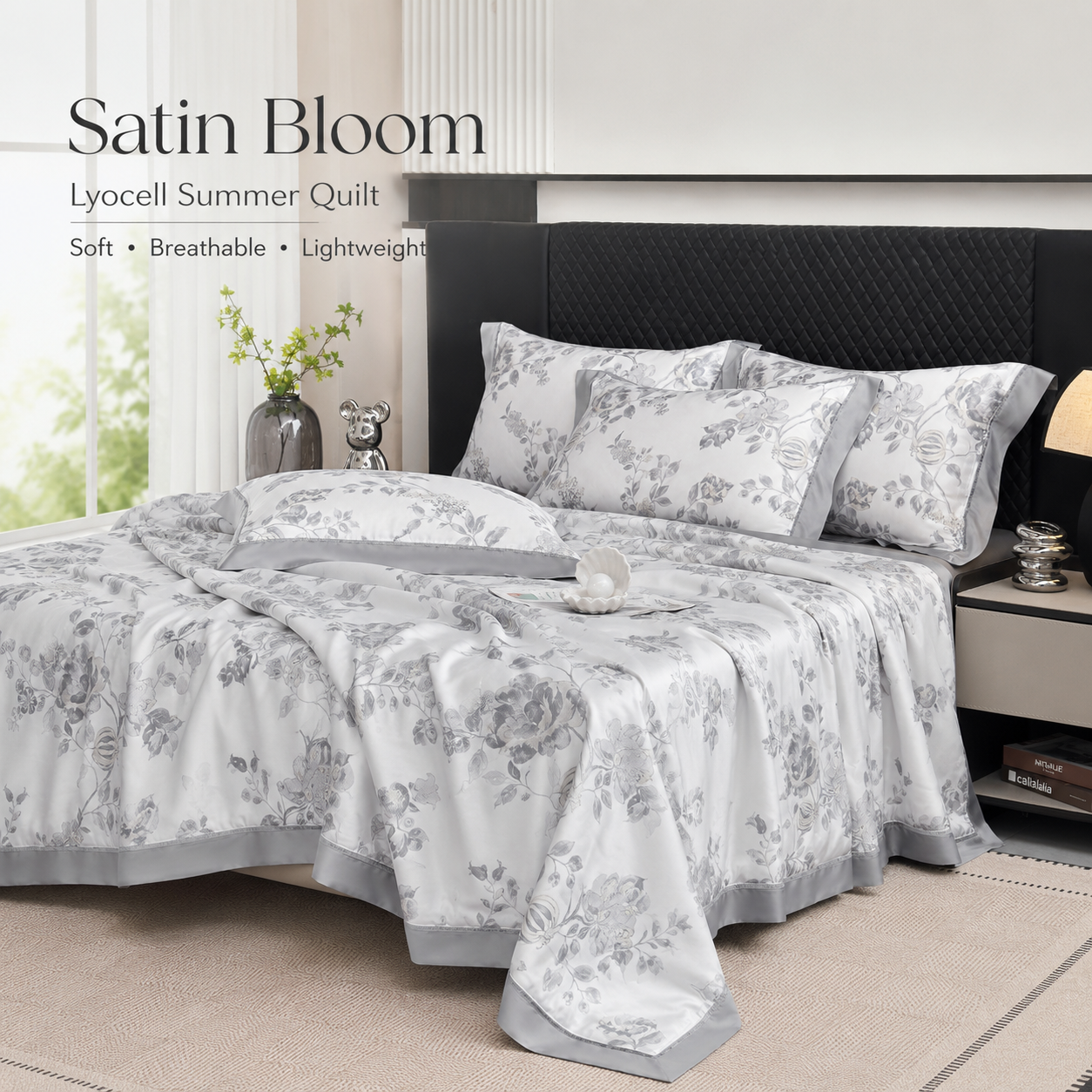 MeiLun Home Satin Bloom Summer Duvet – Silver Bloom – image 2