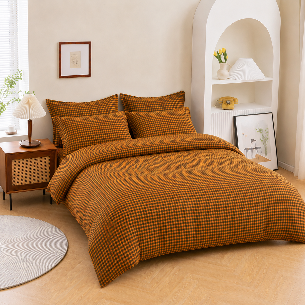 MeiLun Home Soft Living Bedding Set – Caramel Check – product image 01